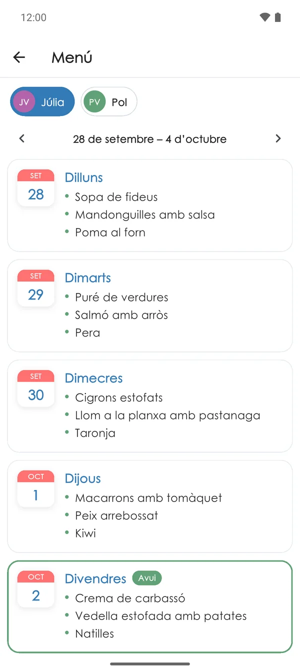 Menú del menjador a l'app