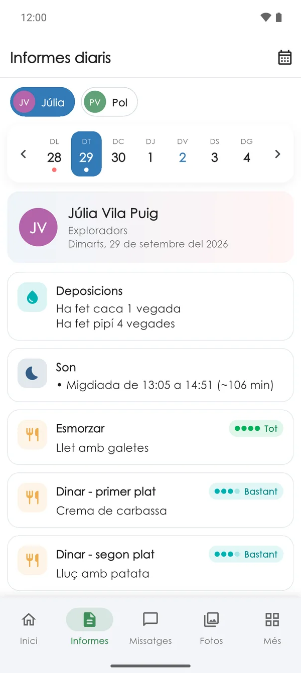 Informe diari d'un alumne a l'app Nursery Parents de les famílies