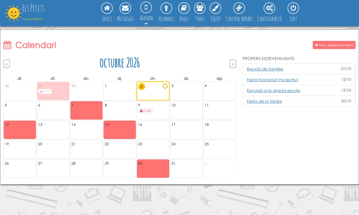 Calendari del centre amb els propers esdeveniments