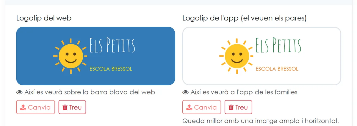 Configuració del centre: un logotip per a la plataforma i un altre per a l'app de les famílies, amb la previsualització