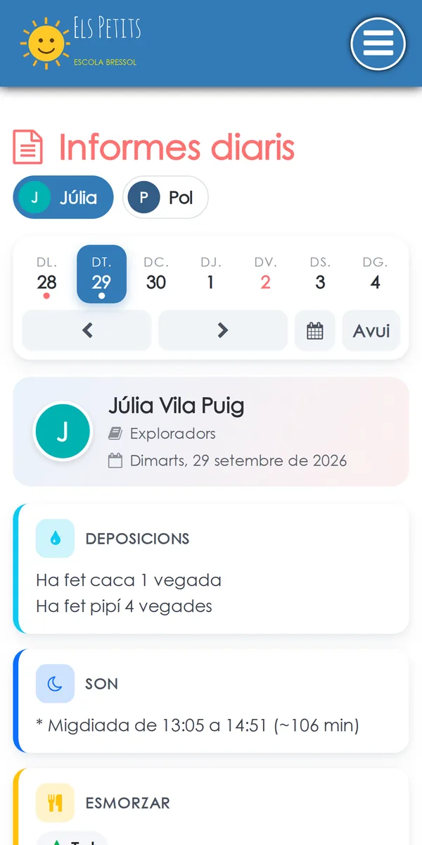 Informe diari vist per una família, amb el logotip de l'escola a dalt