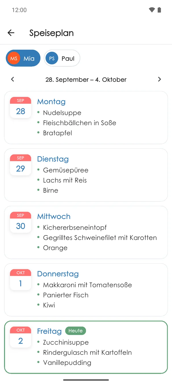 Speiseplan der Kita in der App