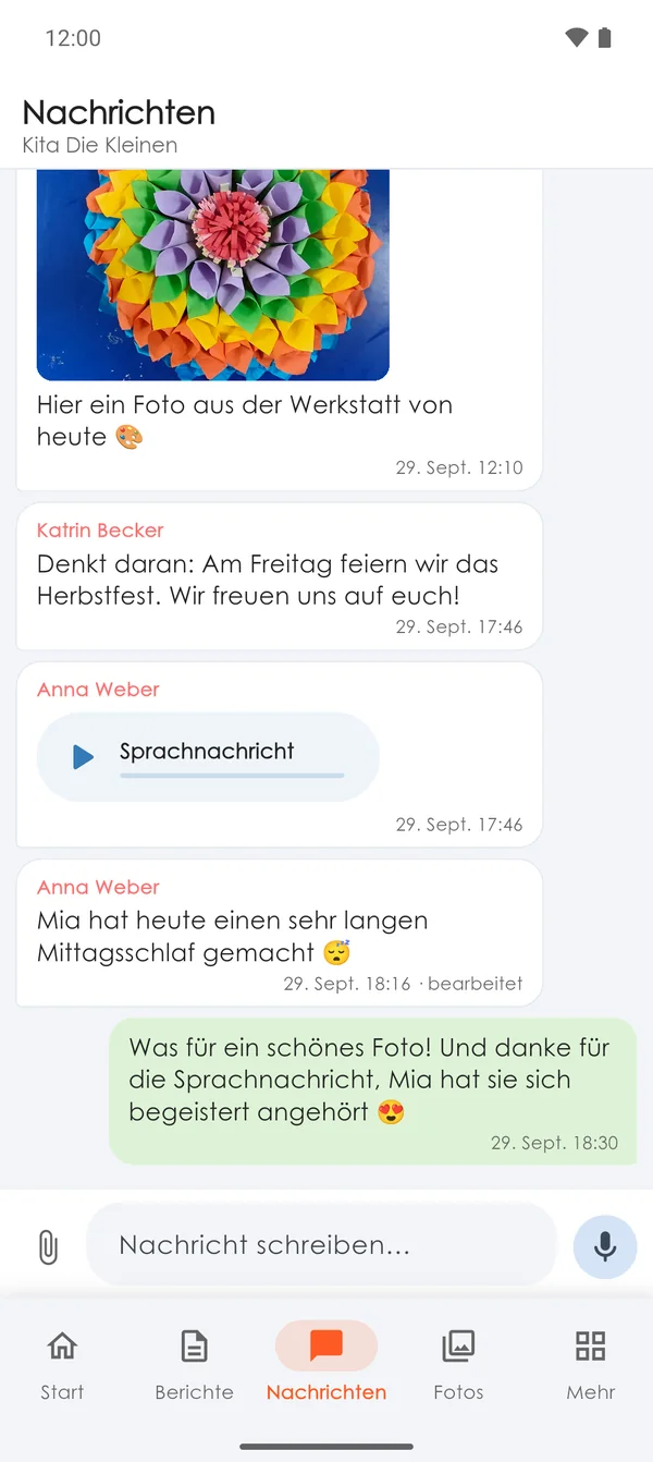 Nachrichten zwischen Familie und Kita in der App Nursery Parents