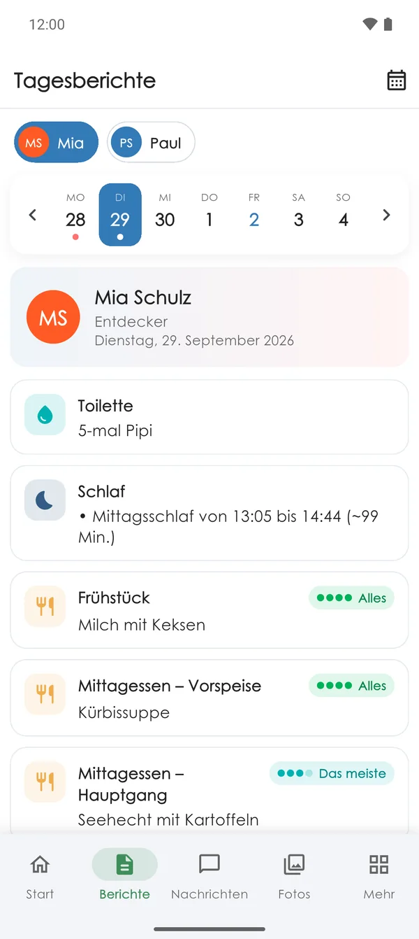 Tagesbericht eines Kindes in der Eltern-App Nursery Parents