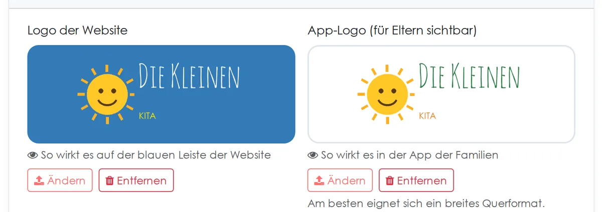 Einstellungen der Kita: ein Logo für die Plattform und eines für die Eltern-App, jeweils mit Vorschau