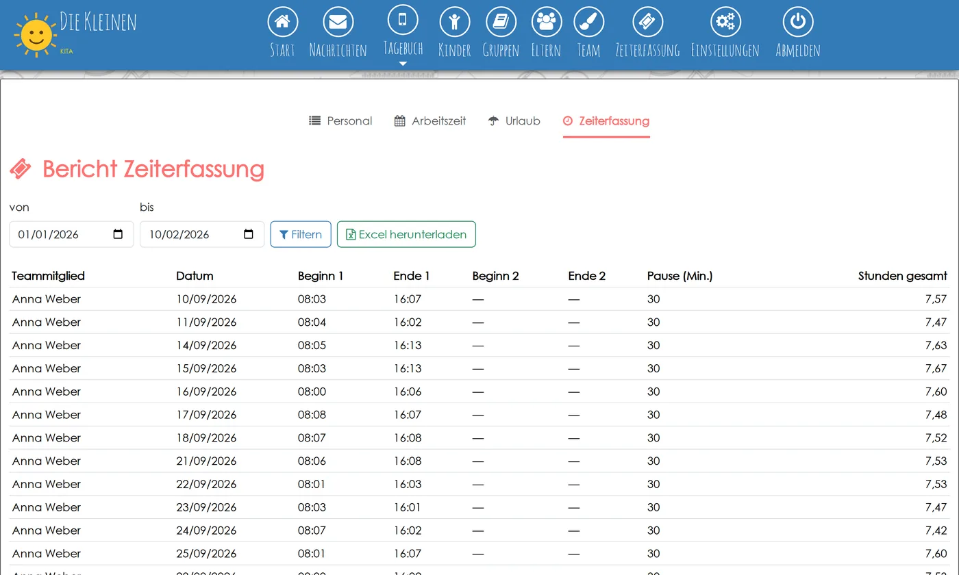 Bericht der Arbeitszeiterfassung des Teams mit Excel-Export