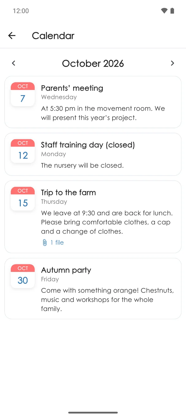 Upcoming nursery events in the app