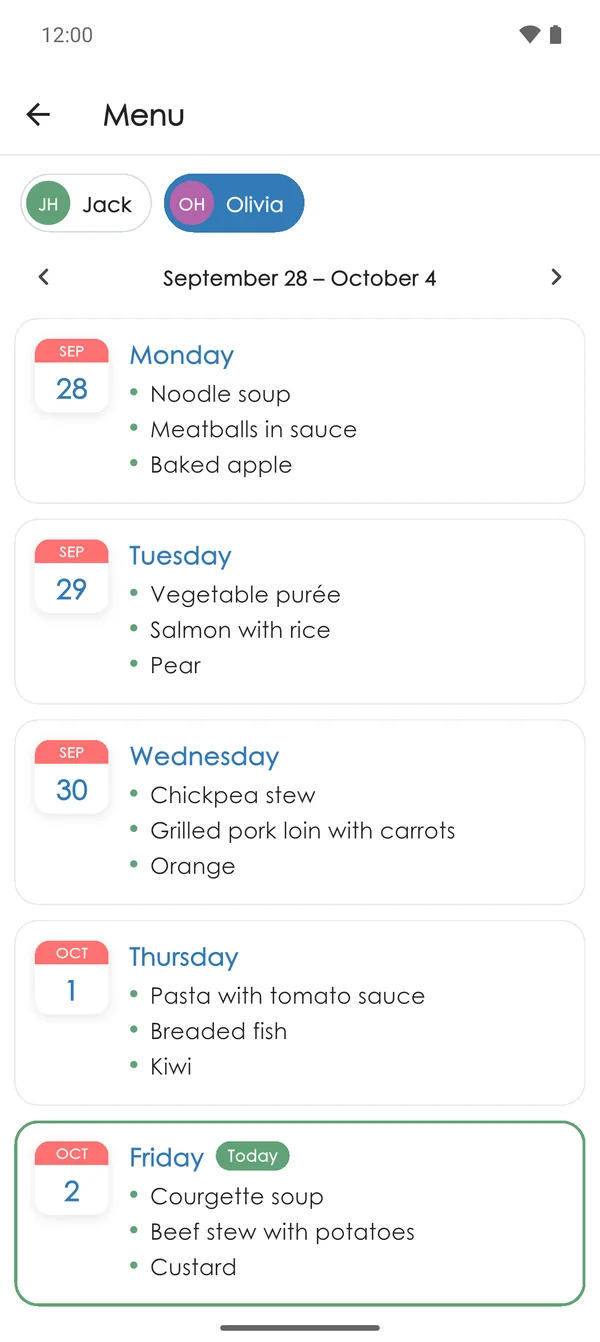 The nursery lunch menu in the app
