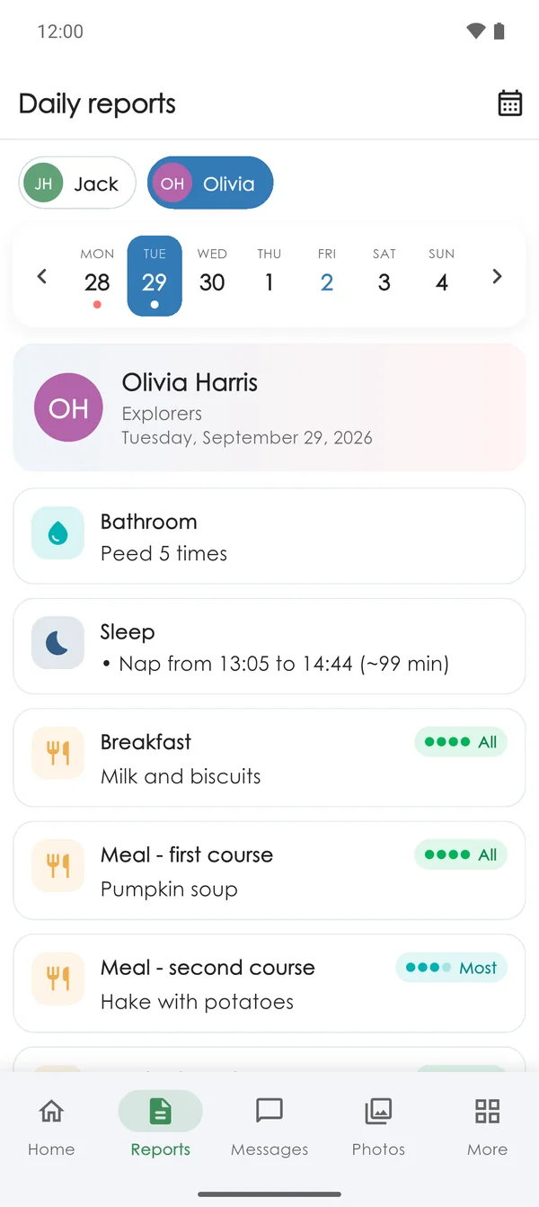A child's daily report in the families' Nursery Parents app