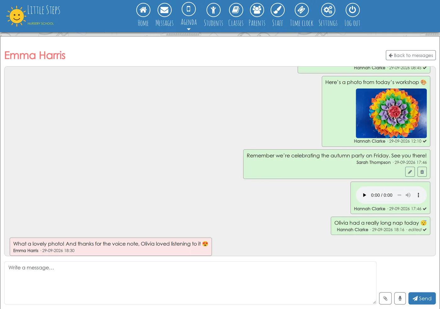 Conversation between the nursery and a family, with a photo, a voice note and an edited message