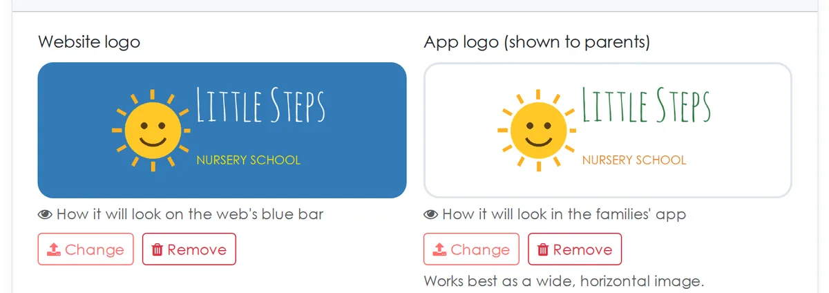 Nursery settings: one logo for the platform and another for the families' app, with a preview