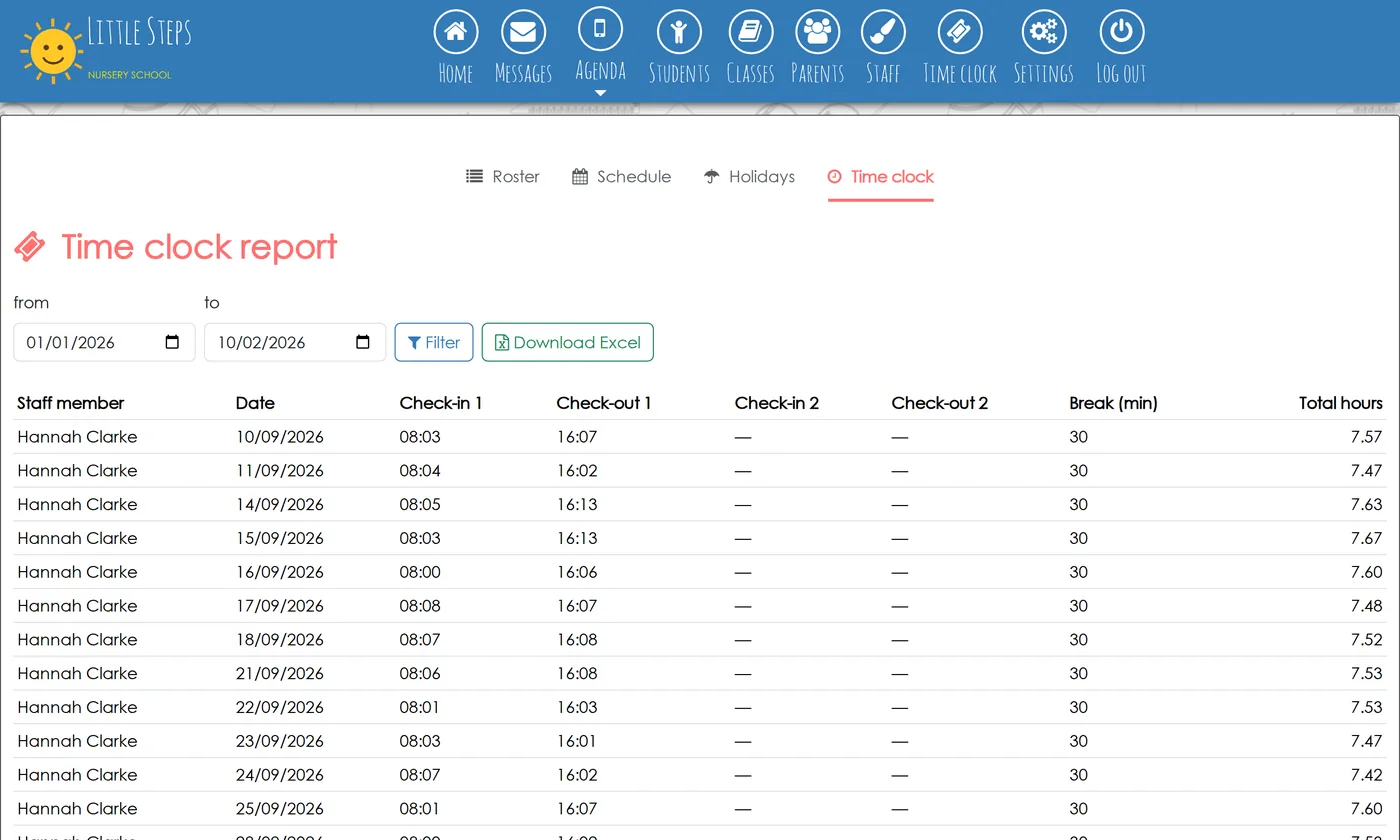 Staff time clock report with Excel download