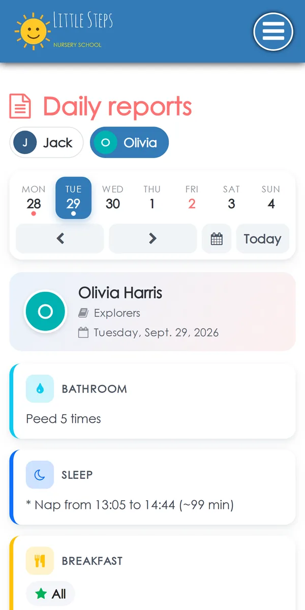Daily report seen by a family, with the nursery's logo at the top