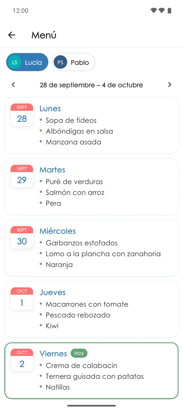 Menú del comedor en la app