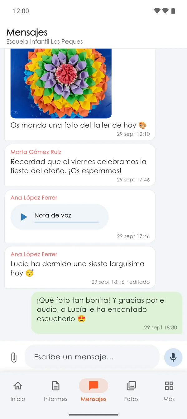Mensajes entre la familia y la escuela en la app Nursery Parents