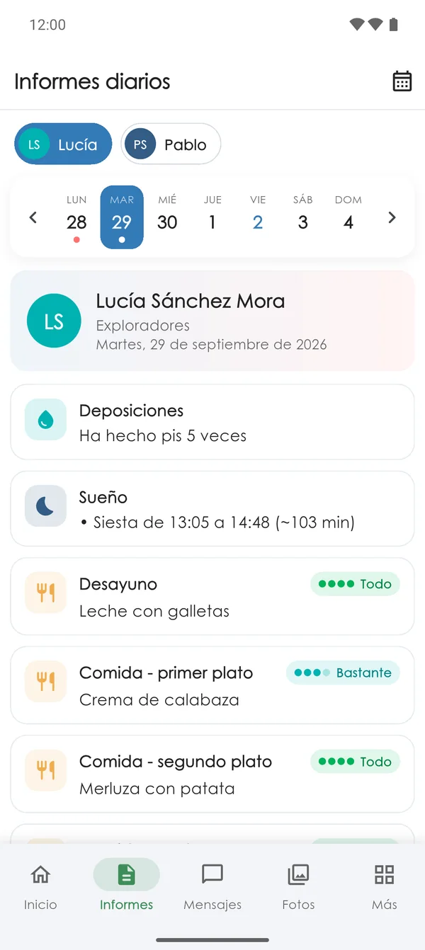 Informe diario de un alumno en la app Nursery Parents de las familias