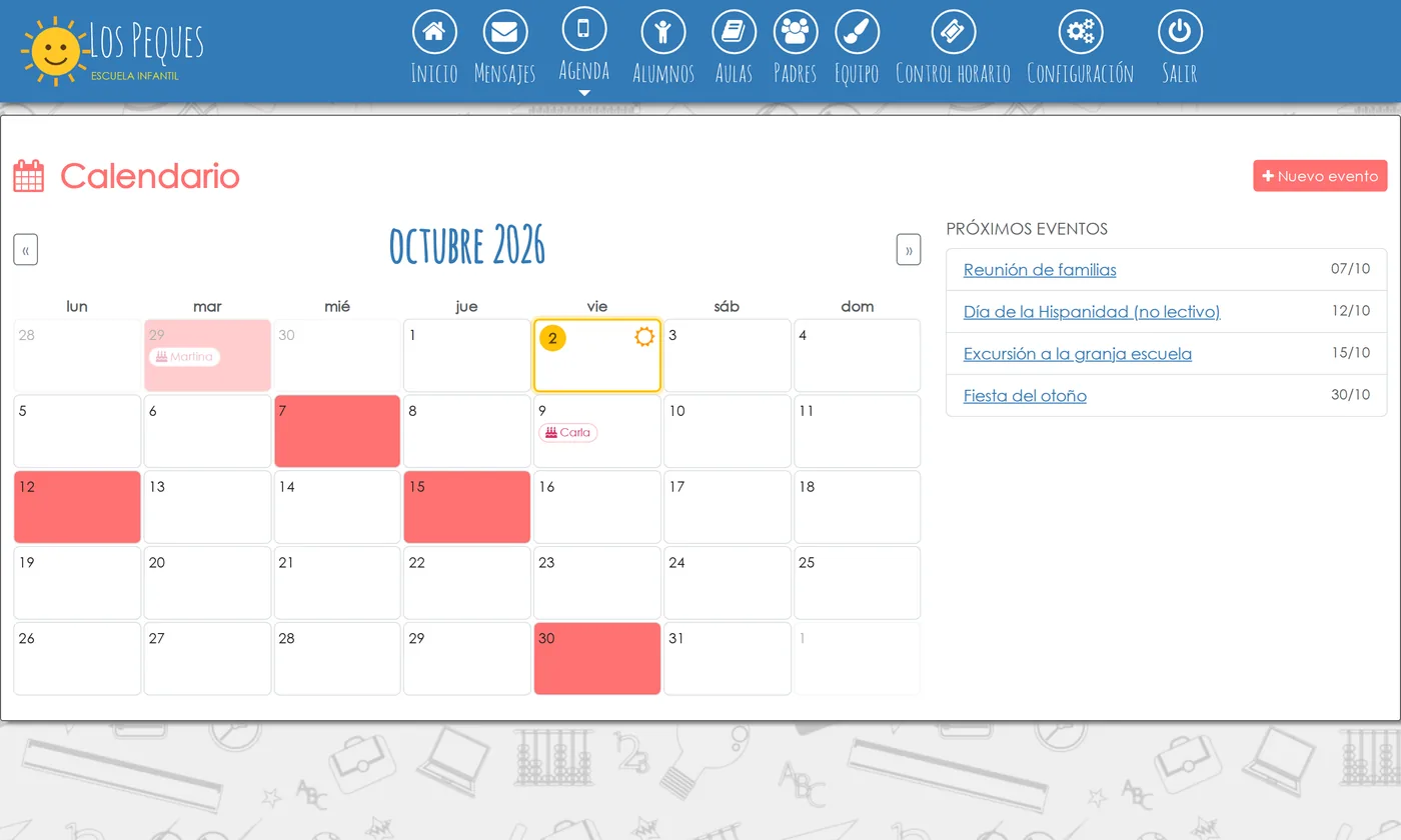 Calendario del centro con los próximos eventos