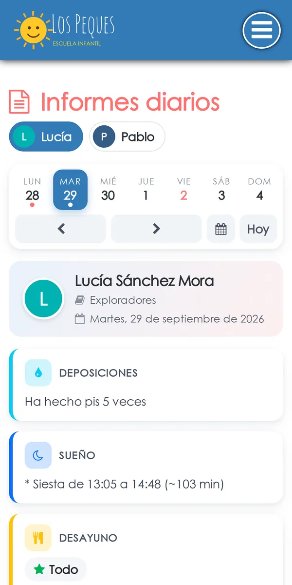 Informe diario visto por una familia, con el logo de la escuela arriba