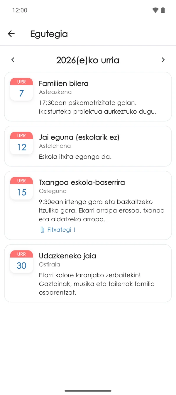 Ikastetxearen hurrengo ekitaldiak aplikazioan
