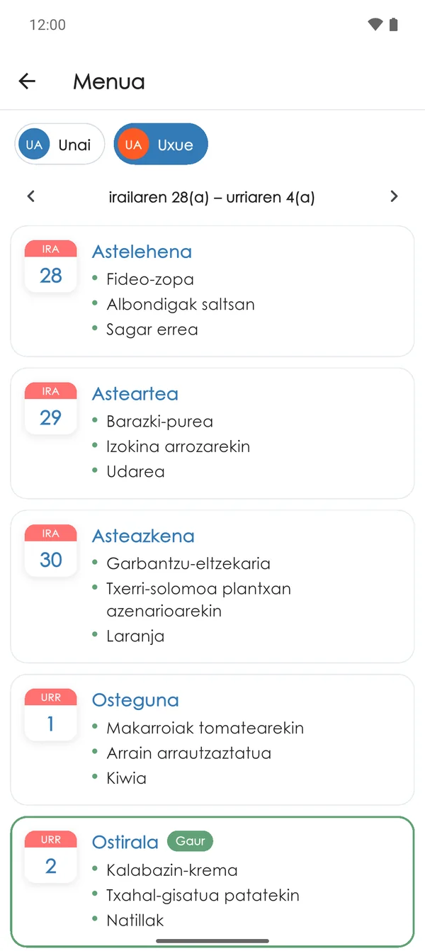 Jantokiko menua aplikazioan