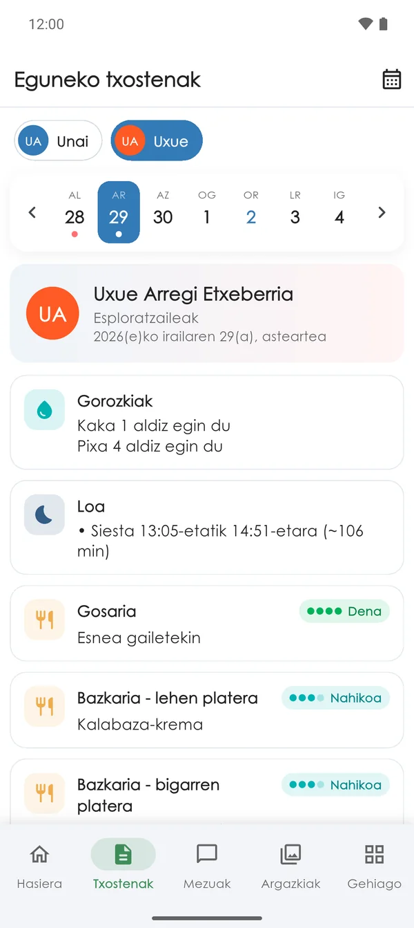 Ikasle baten eguneko txostena familien Nursery Parents aplikazioan