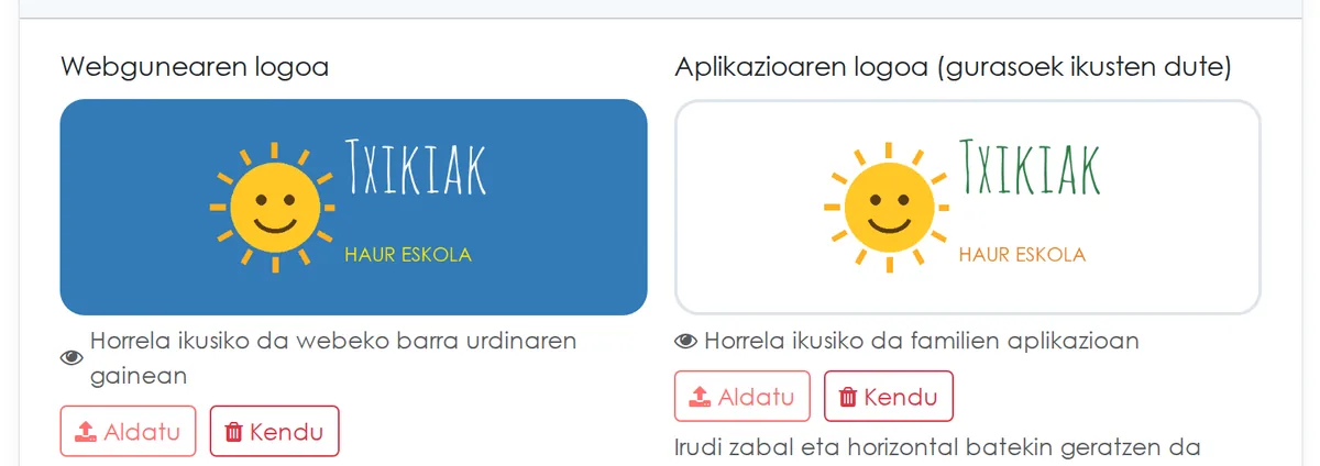 Ikastetxearen ezarpenak: logotipo bat plataformarako eta beste bat familien aplikaziorako, aurrebistarekin