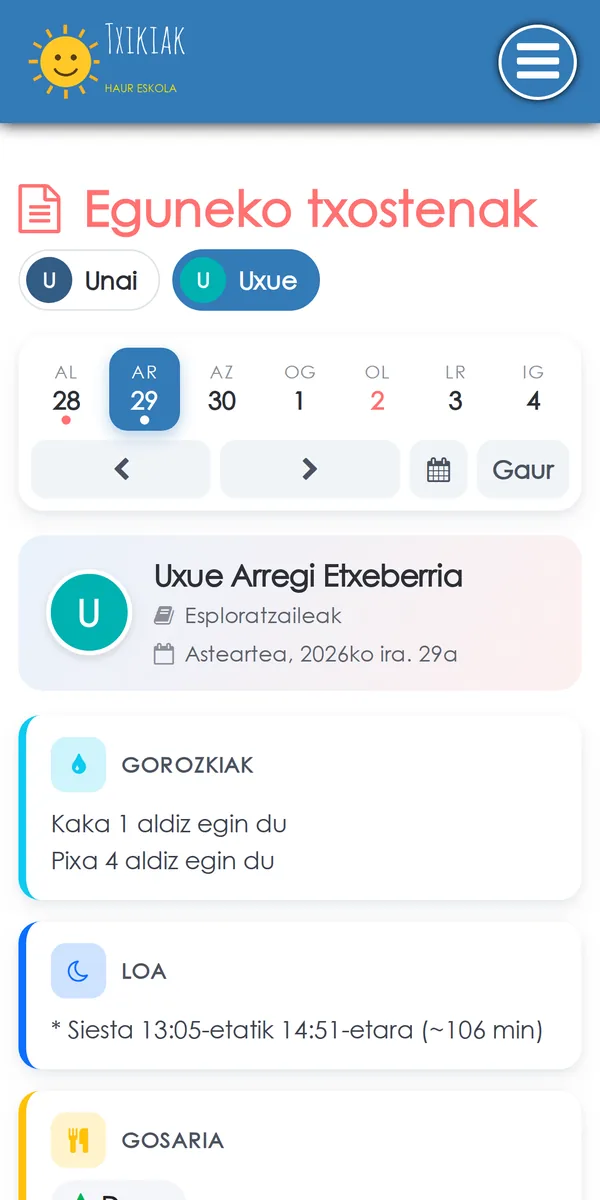Familia batek ikusten duen eguneko txostena, goian haur eskolaren logotipoarekin