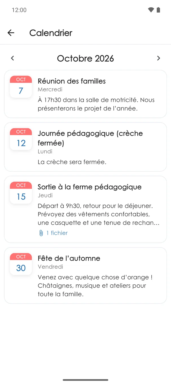 Prochains événements de la crèche dans l'app