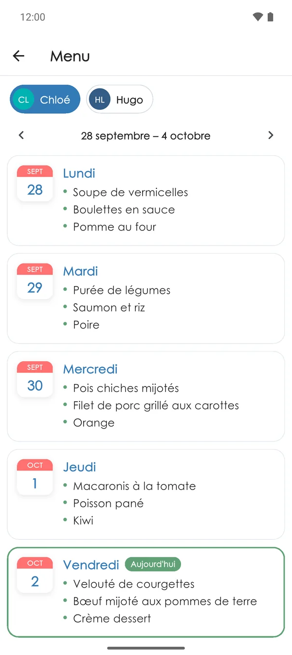 Menu de la cantine dans l'app