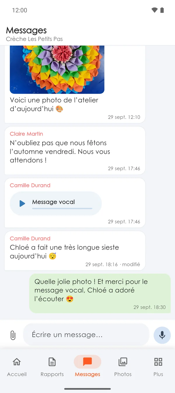 Messages avec la crèche dans l'app