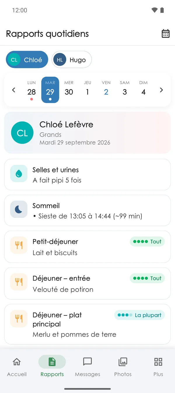 Rapport quotidien de l'enfant dans l'app
