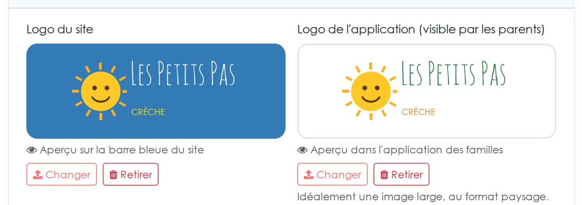 Paramètres de la crèche : un logo pour la plateforme et un autre pour l'app des familles, avec leur aperçu