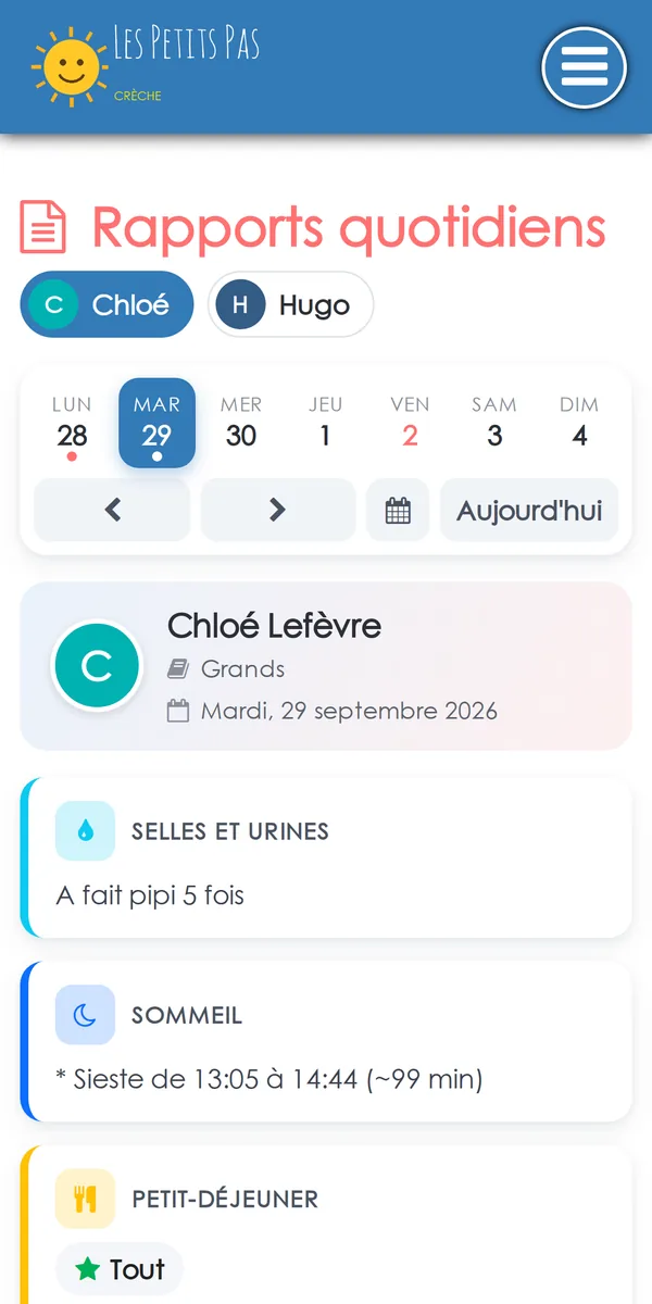 Rapport quotidien vu par une famille, avec le logo de la crèche en haut