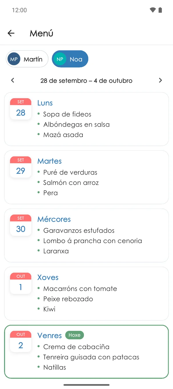 Menú do comedor na app