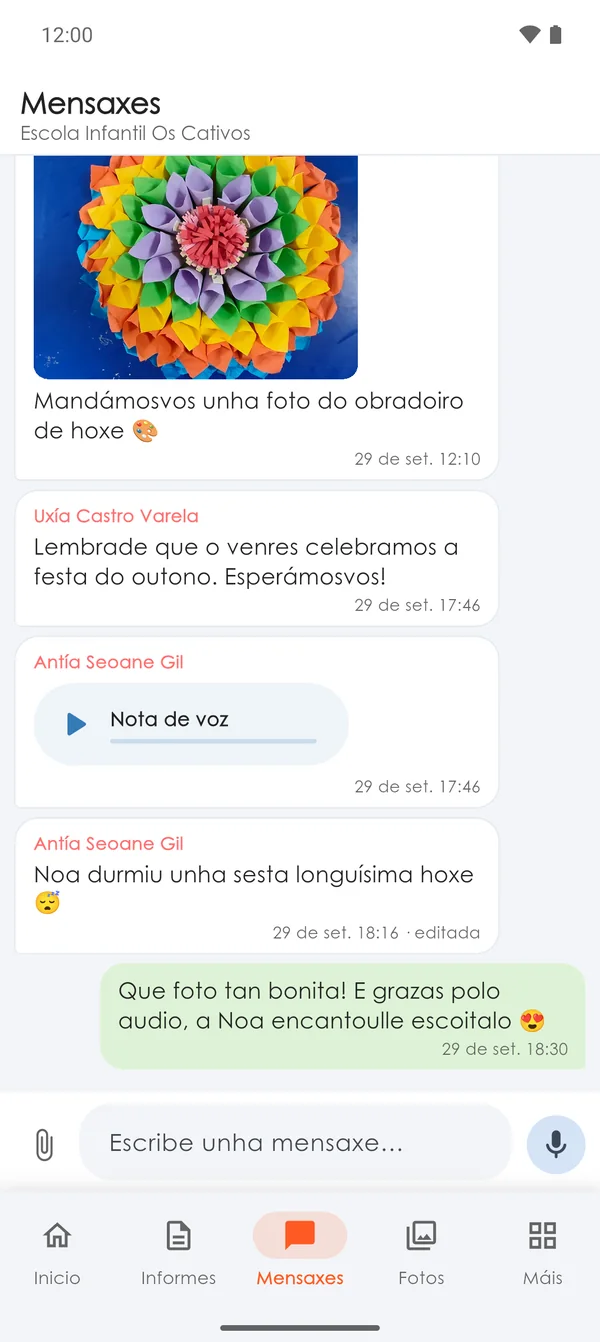 Mensaxes entre a familia e a escola na app Nursery Parents