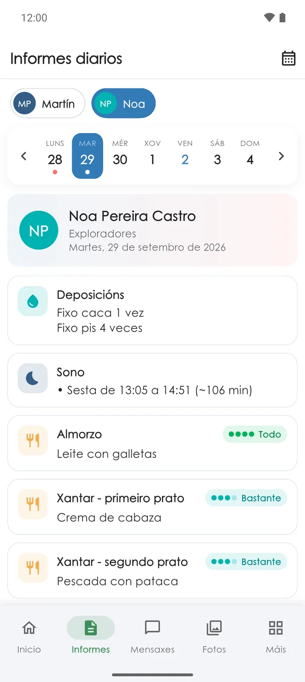 Informe diario dun alumno na app Nursery Parents das familias