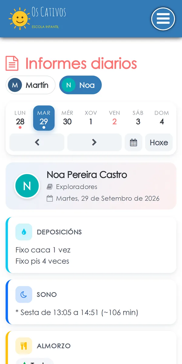 Informe diario visto por unha familia, co logotipo da escola arriba