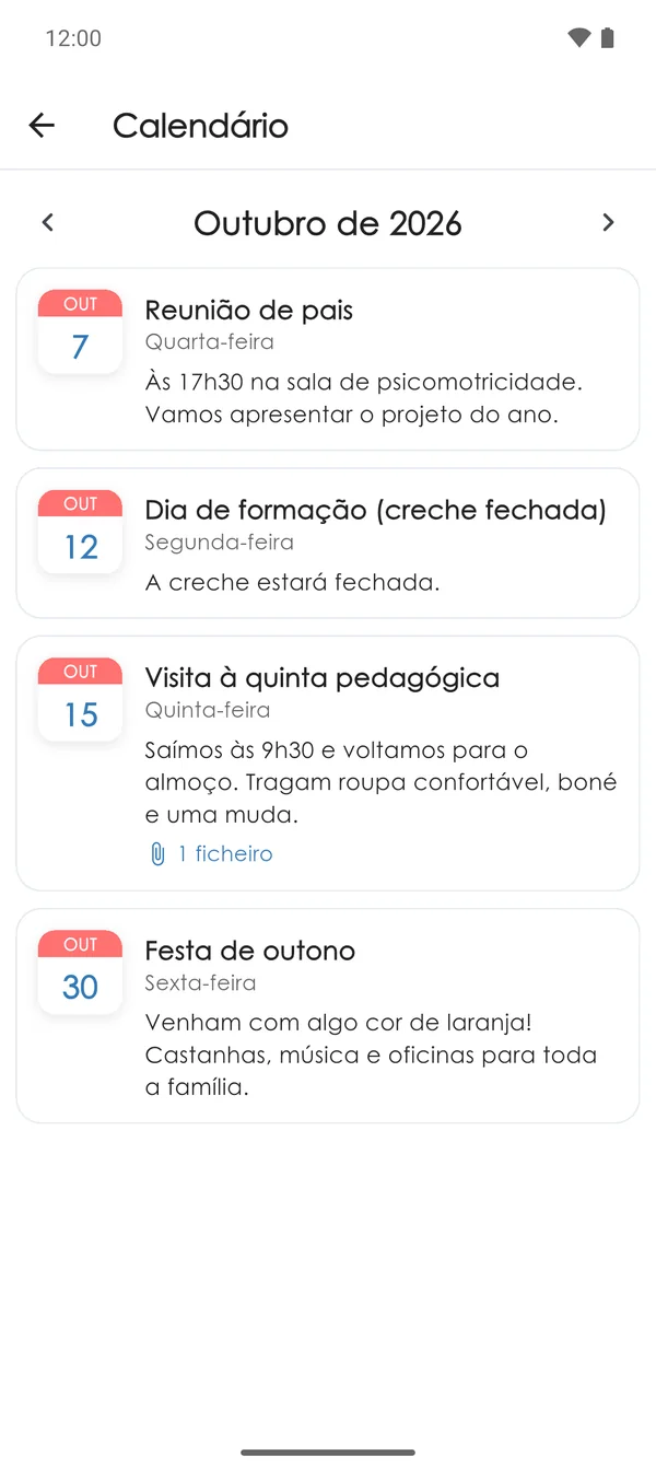Próximos eventos da creche na app