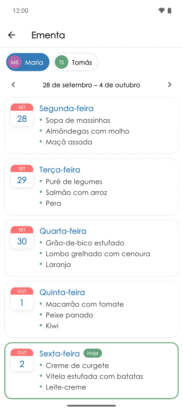 Ementa do refeitório na app