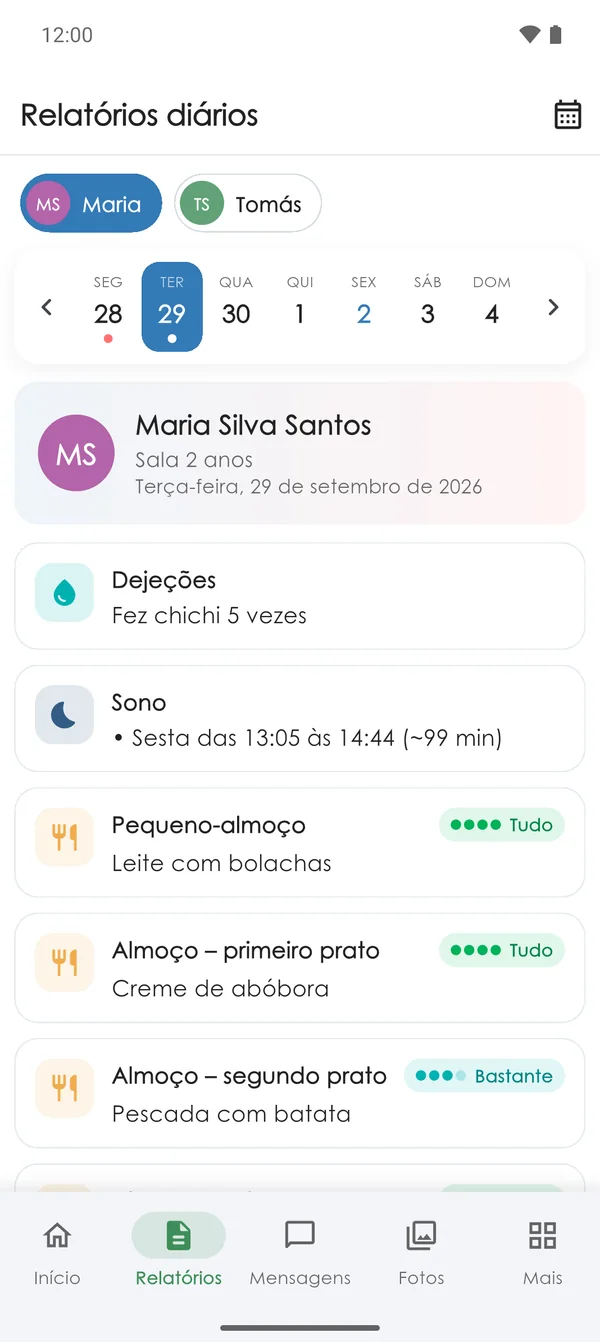 Relatório diário de um aluno na app Nursery Parents das famílias
