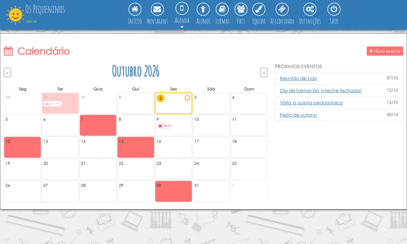 Calendário da creche com os próximos eventos