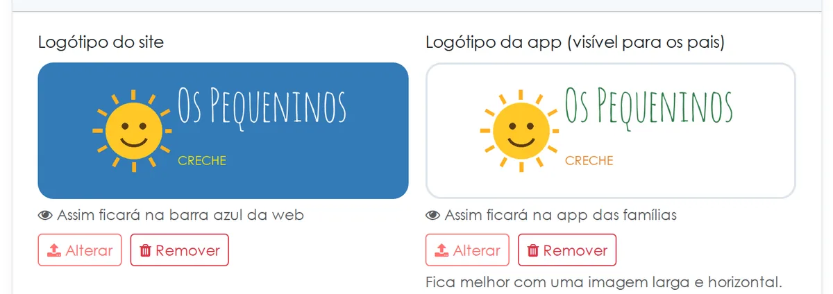 Definições da creche: um logótipo para a plataforma e outro para a app das famílias, com pré-visualização